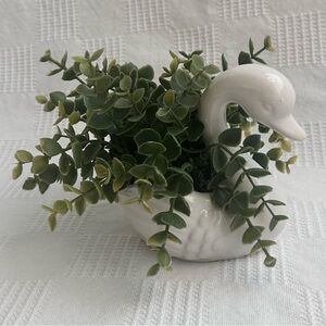 White Ceramic Goose Planter with Greenery Farmhouse Cottage Decor